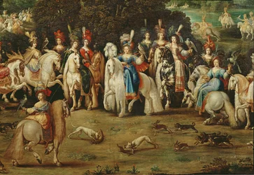 El aire, detalle de un grupo de mujeres en el centro y perros persiguiendo liebres, hacia 1640-41